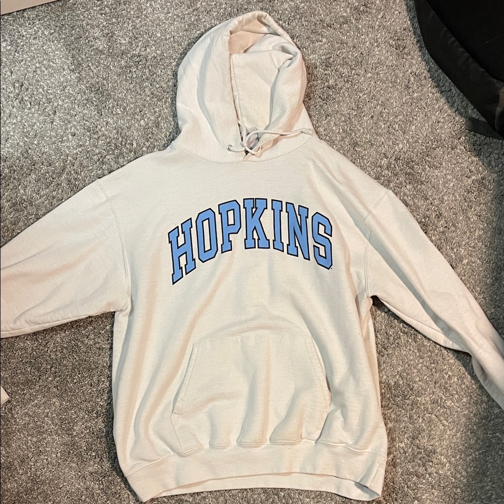 Champion Cream Hoodie with Blue Lettering